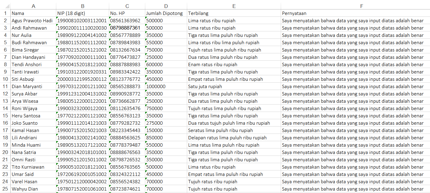 Hasil Ekspor Respon Dalam Bentuk File Excel